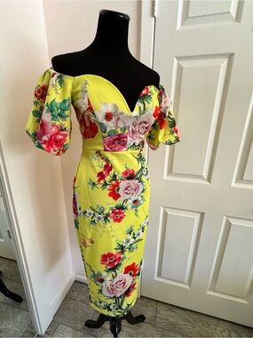 ASOS Yellow Floral Off-Shoulder Midi Dress with Puff Sleeves